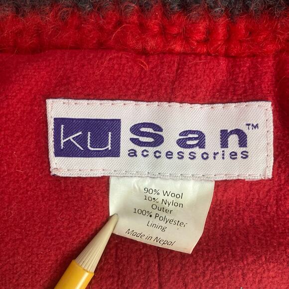 KuSan Wool Blnd Crochet Beanie Red Blue Striped Flower Accent Fleece Lined Nepal - Picture 5 of 8